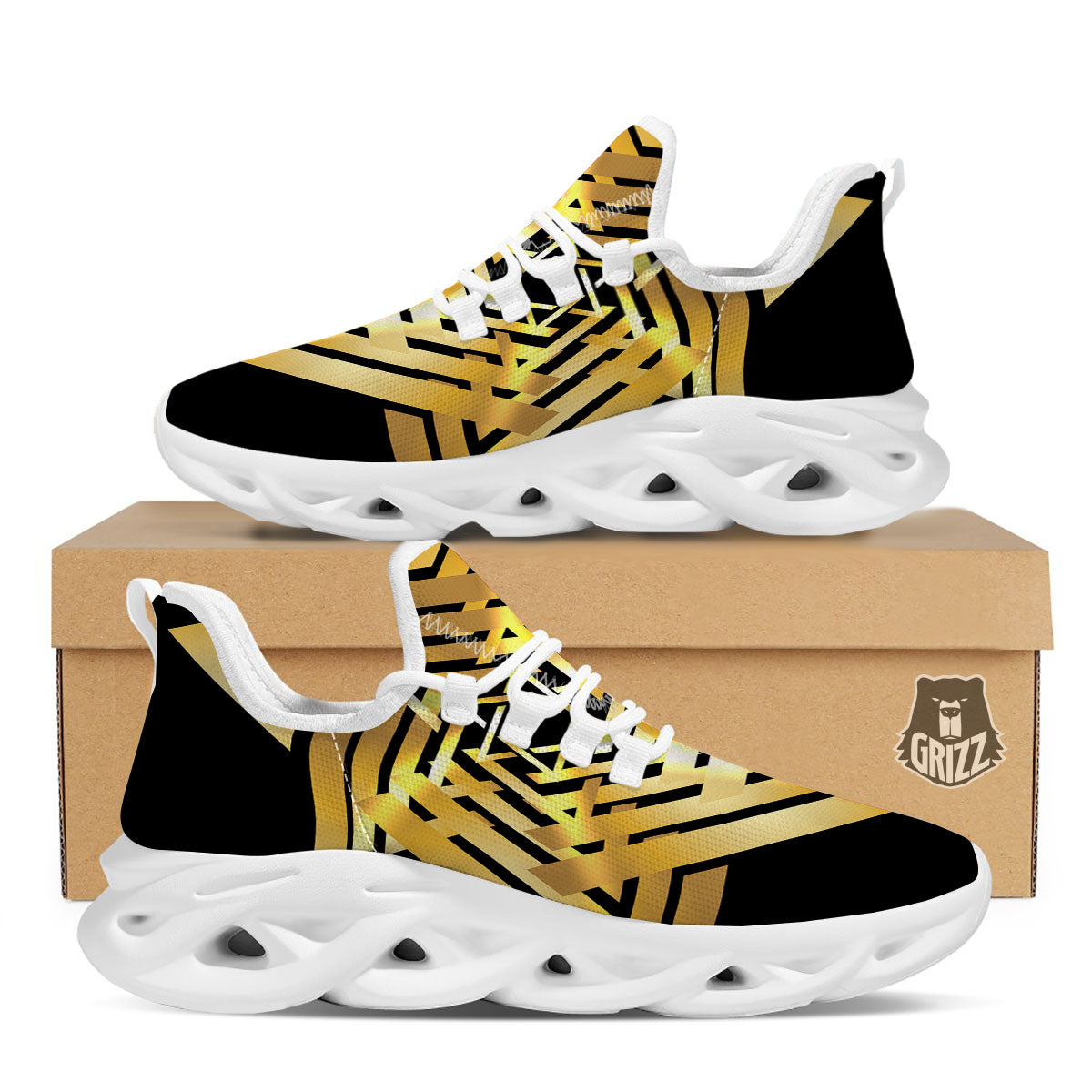 Star of David Gold And Black Print White Running Shoes-grizzshop