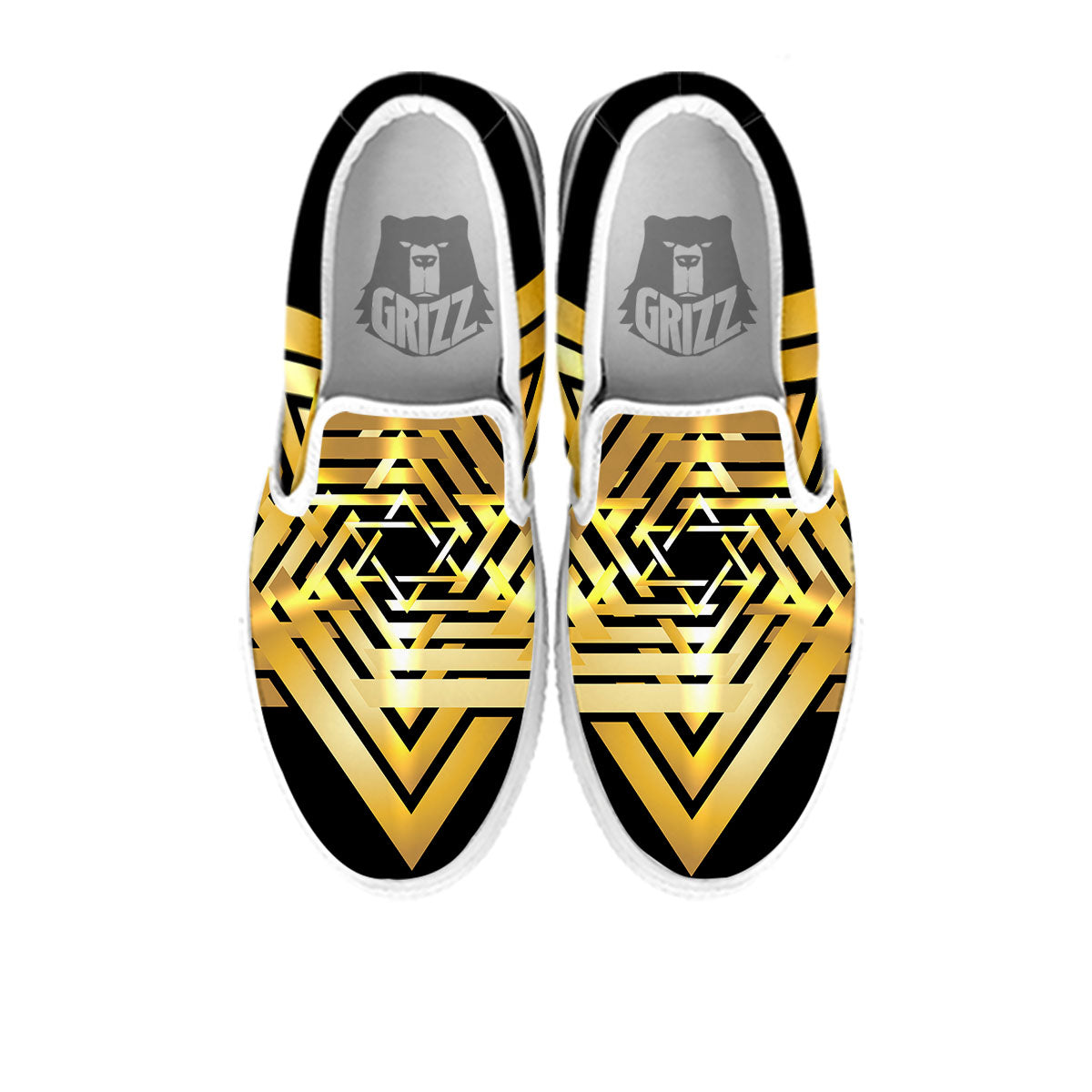 Star of David Gold And Black Print White Slip On Shoes-grizzshop