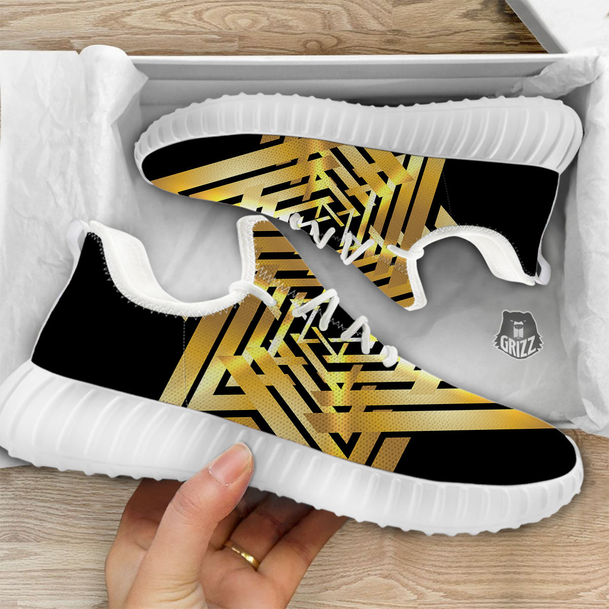 Star of David Gold And Black Print White Walking Shoes-grizzshop