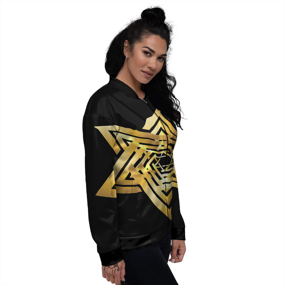 Star of David Gold And Black Print Women's Bomber Jacket-grizzshop