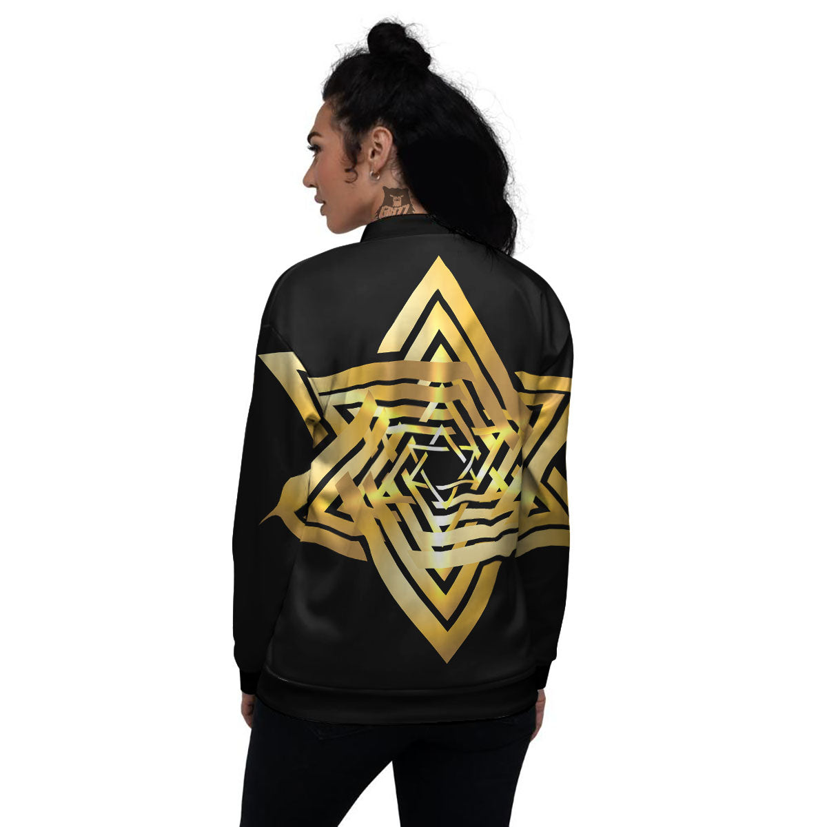 Star of David Gold And Black Print Women's Bomber Jacket-grizzshop