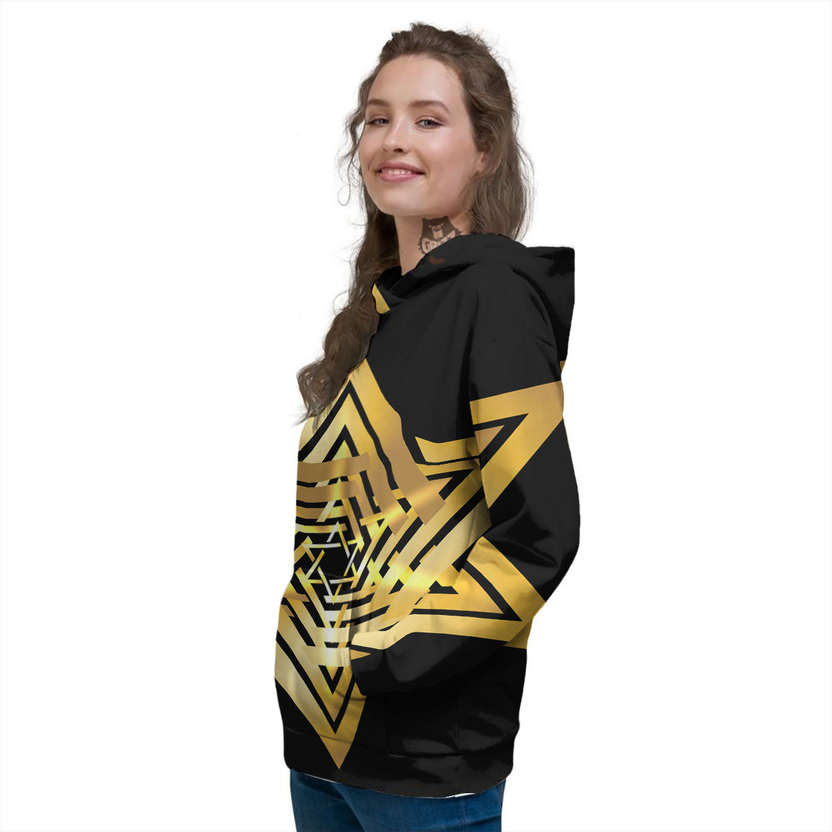 Star of David Gold And Black Print Women's Hoodie-grizzshop