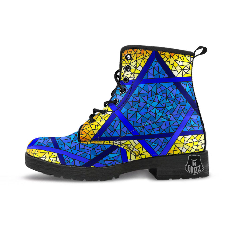 Star of David Stained Glass Print Leather Boots-grizzshop