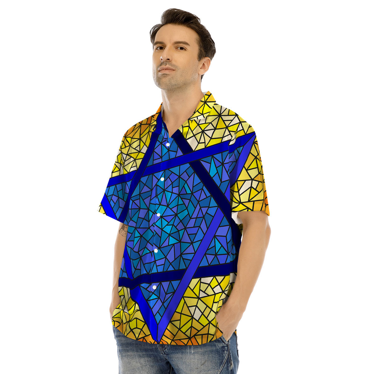 Star of David Stained Glass Print Men's Hawaiian Shirt-grizzshop