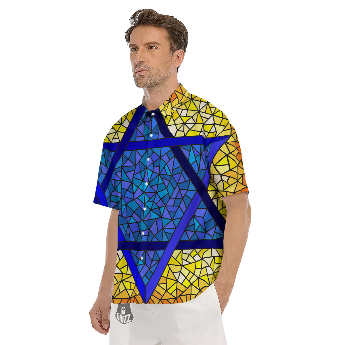 Star of David Stained Glass Print Men's Short Sleeve Shirts-grizzshop