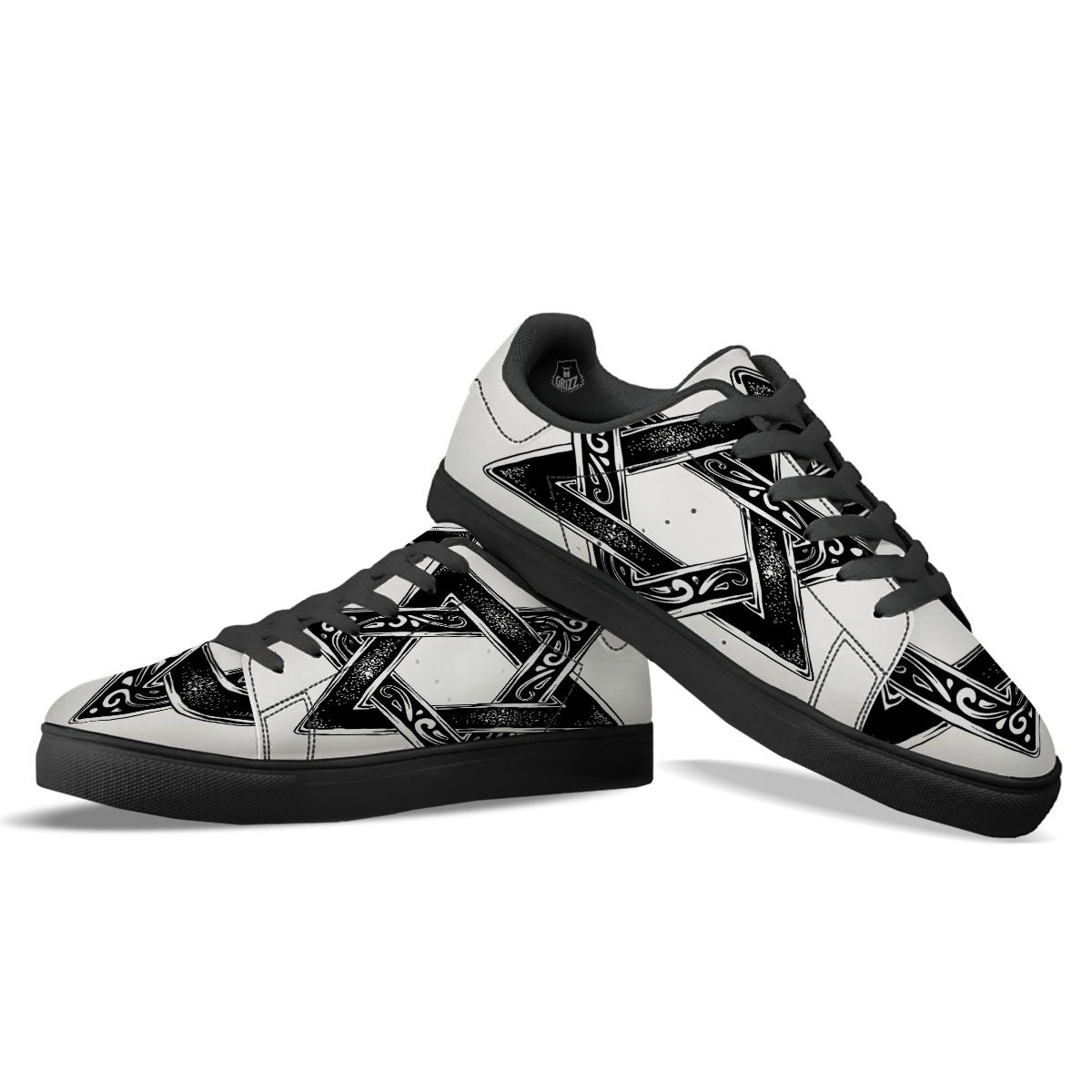 Star of David White And Black Print Black Low Top Sneakers-grizzshop