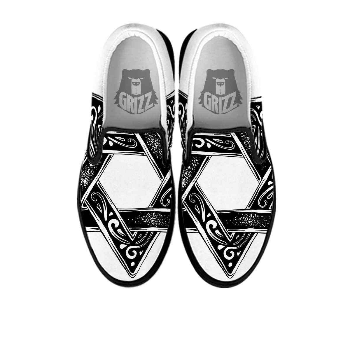 Star of David White And Black Print Black Slip On Shoes-grizzshop