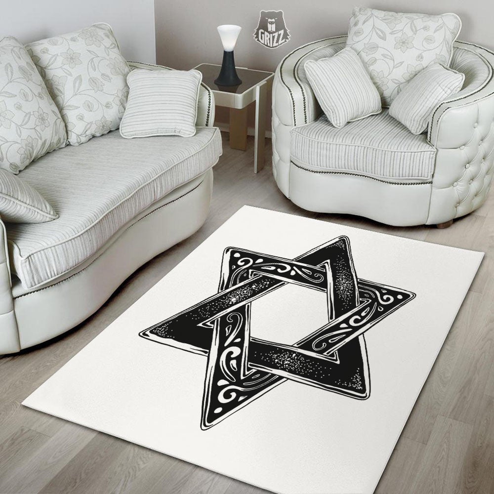 Star of David White And Black Print Floor Mat-grizzshop