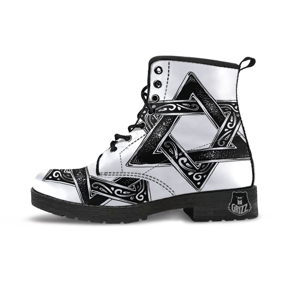 Star of David White And Black Print Leather Boots-grizzshop