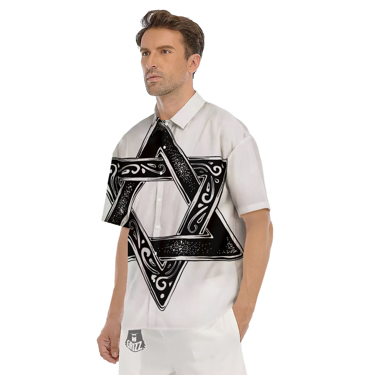 Star of David White And Black Print Men's Short Sleeve Shirts-grizzshop