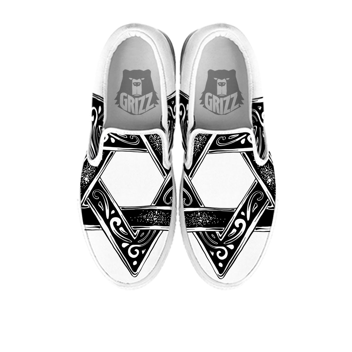 Star of David White And Black Print White Slip On Shoes-grizzshop