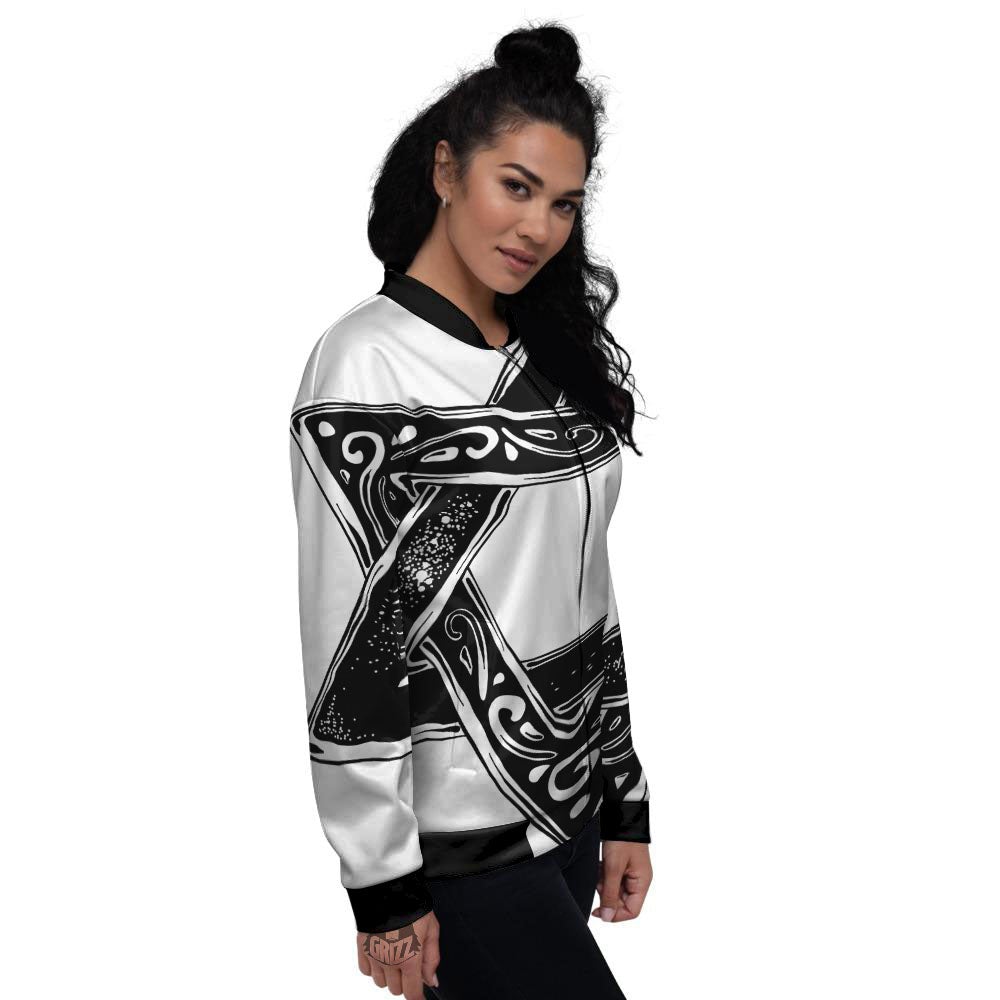 Star of David White And Black Print Women's Bomber Jacket-grizzshop