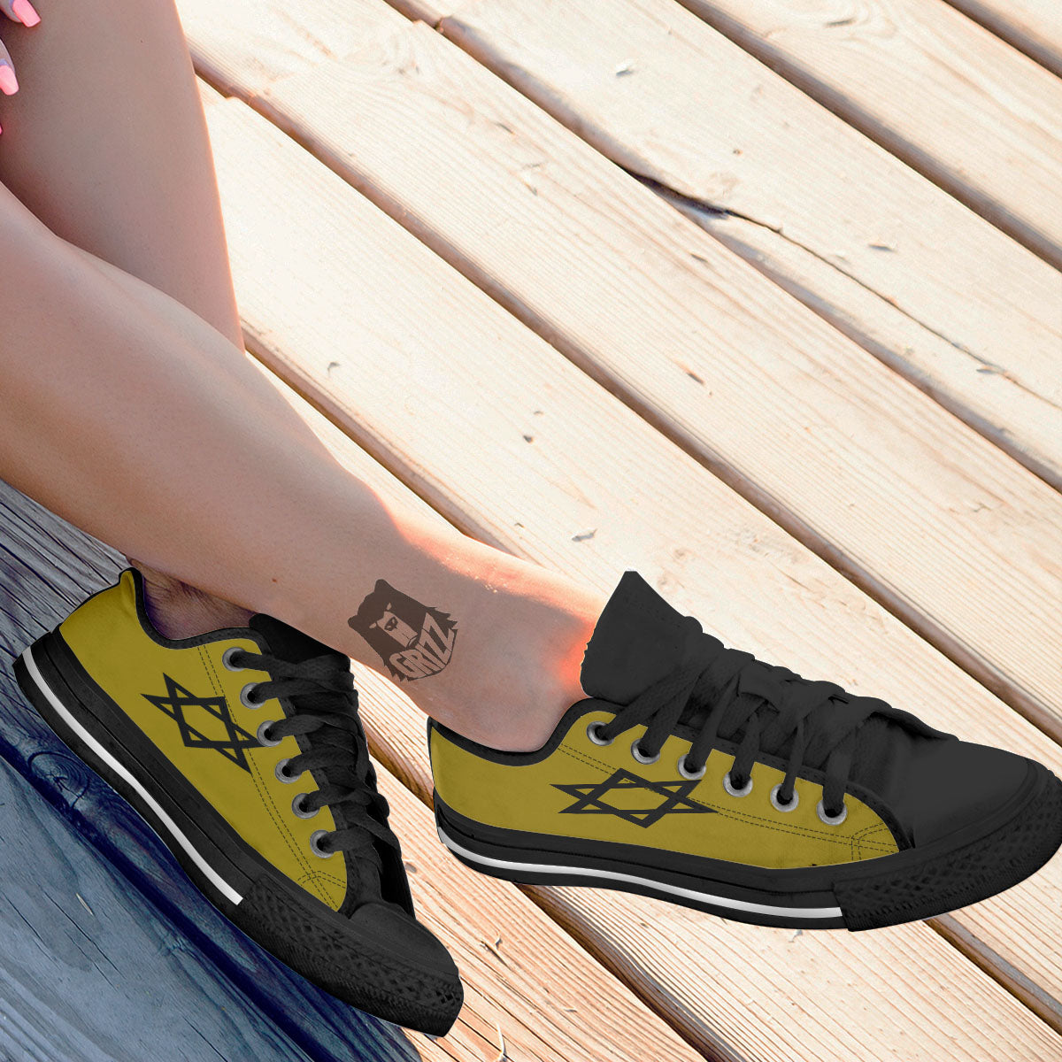 Star of David Yellow And Black Print Black Low Top Shoes-grizzshop