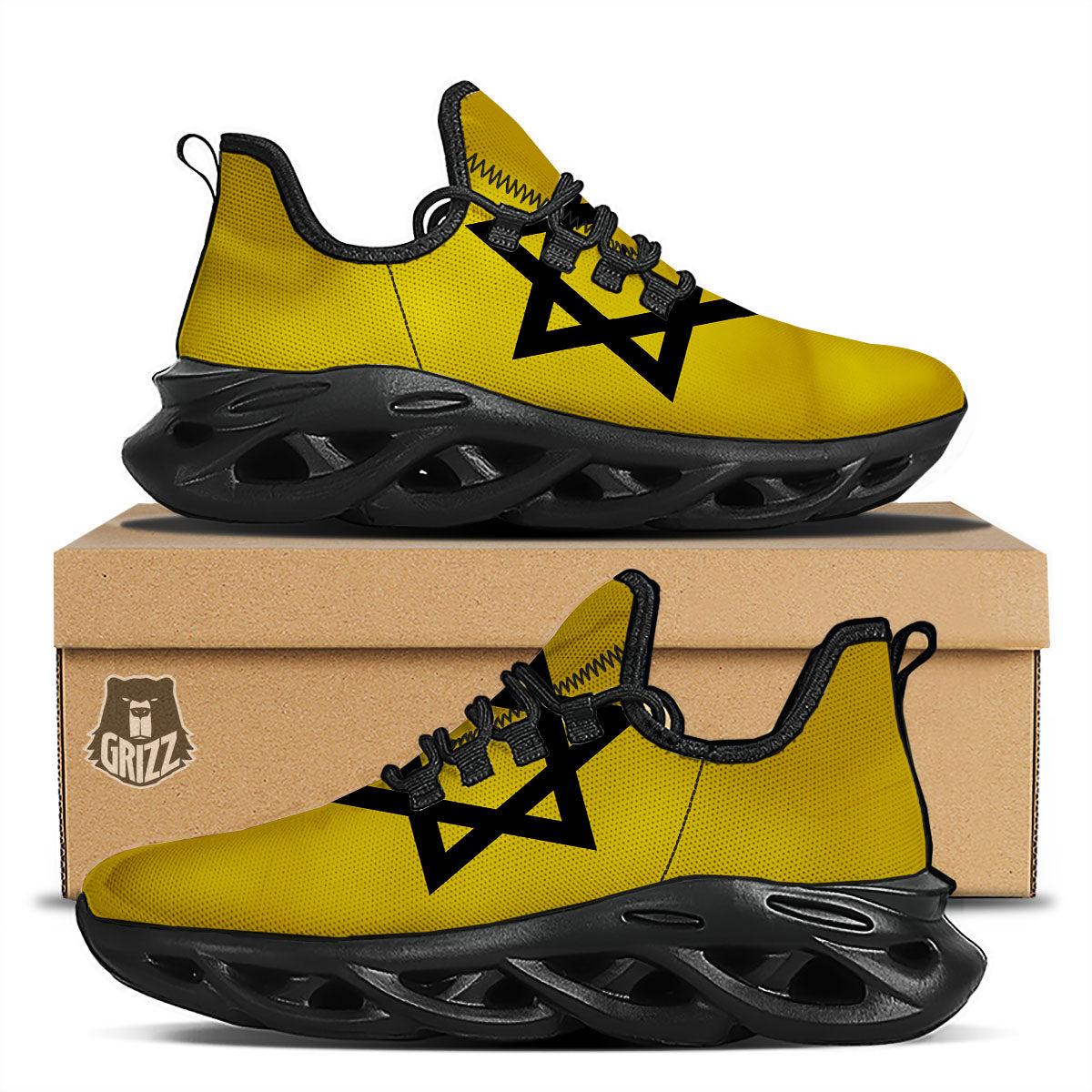 Star of David Yellow And Black Print Black Running Shoes-grizzshop