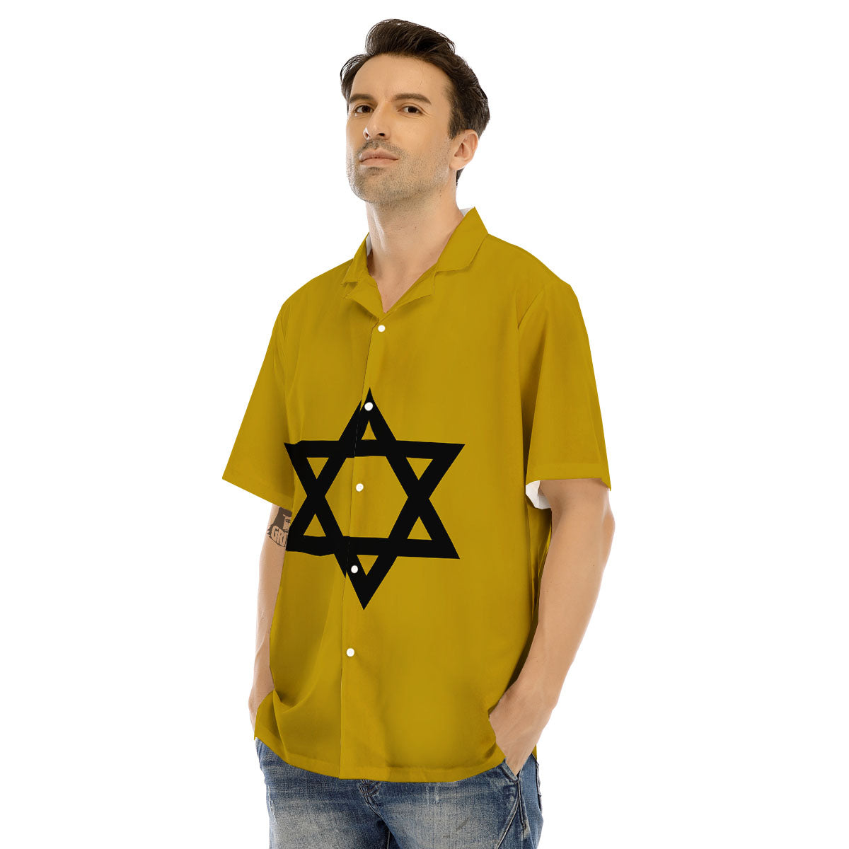 Star of David Yellow And Black Print Men's Hawaiian Shirt-grizzshop