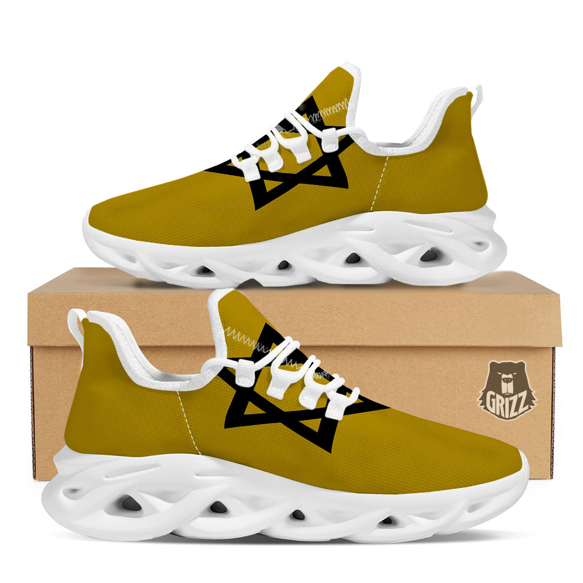 Star of David Yellow And Black Print White Running Shoes-grizzshop