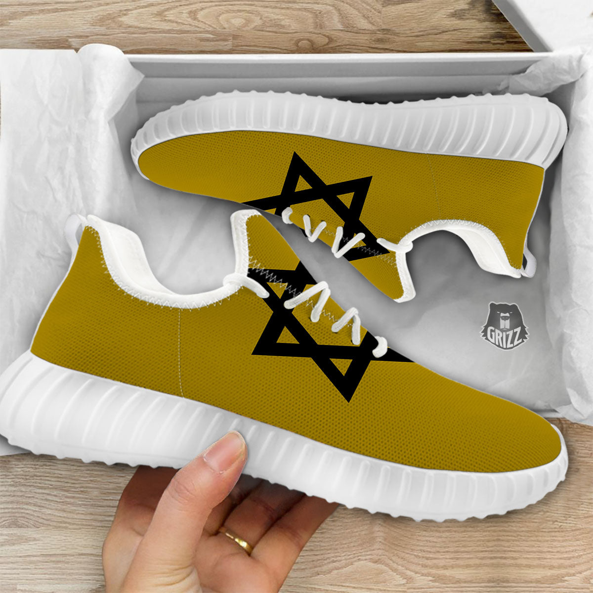 Star of David Yellow And Black Print White Walking Shoes-grizzshop