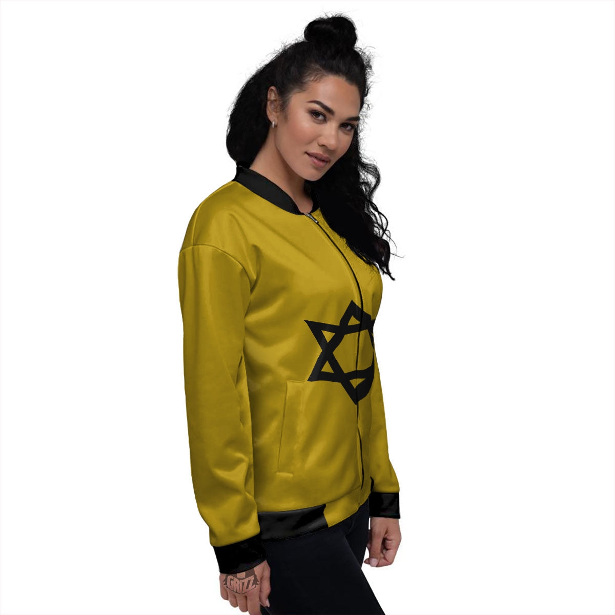 Star of David Yellow And Black Print Women's Bomber Jacket-grizzshop