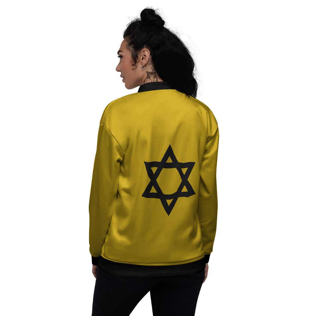 Star of David Yellow And Black Print Women's Bomber Jacket-grizzshop