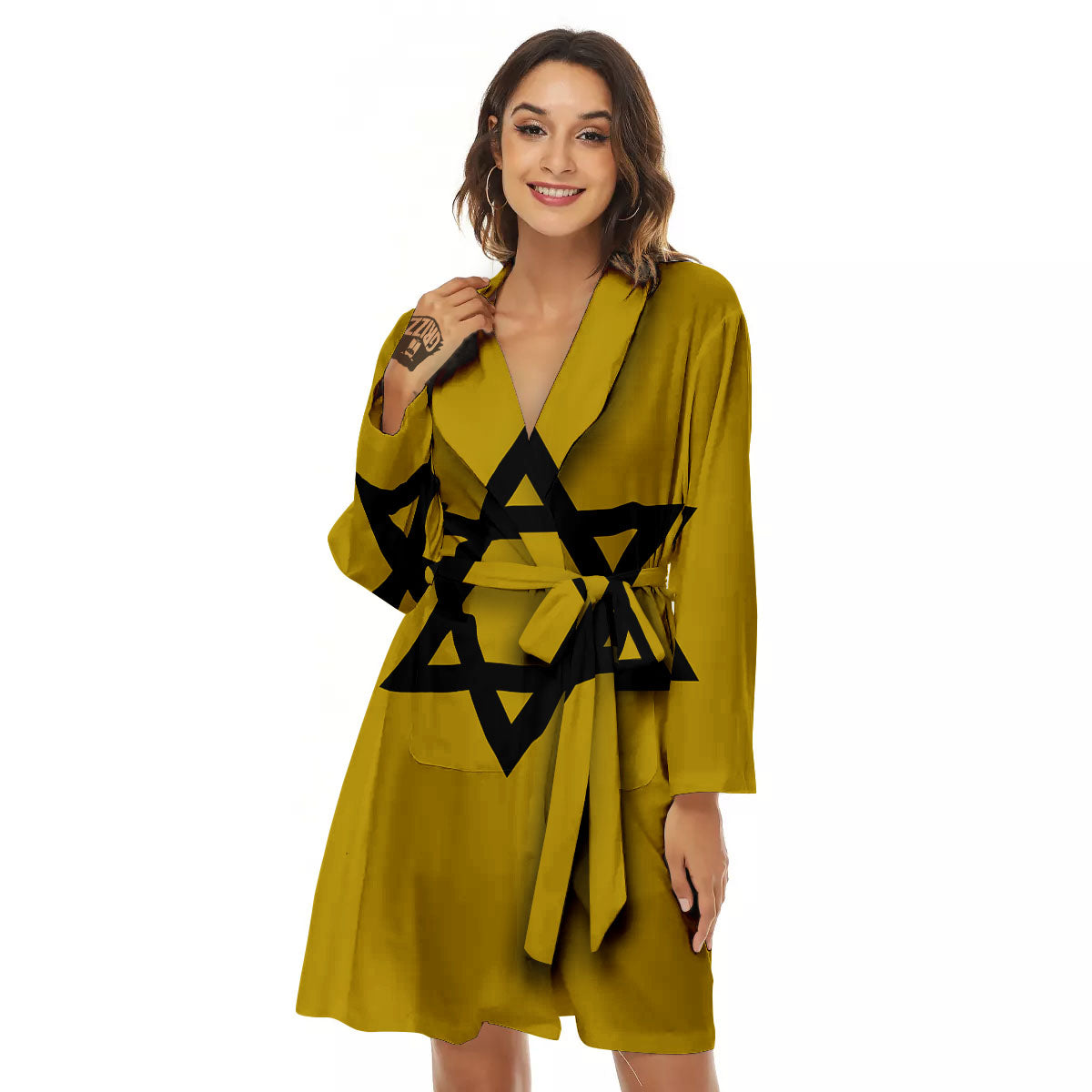 Star of David Yellow And Black Print Women's Robe-grizzshop