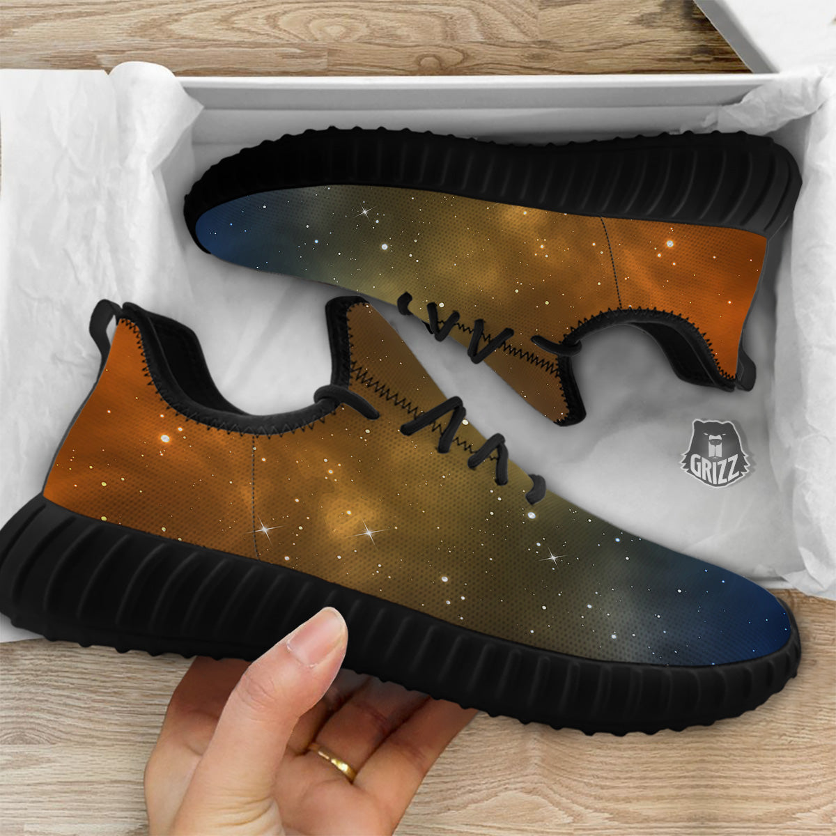 Stardust Galaxy Space Blue Orange Print Black Walking Shoes-grizzshop