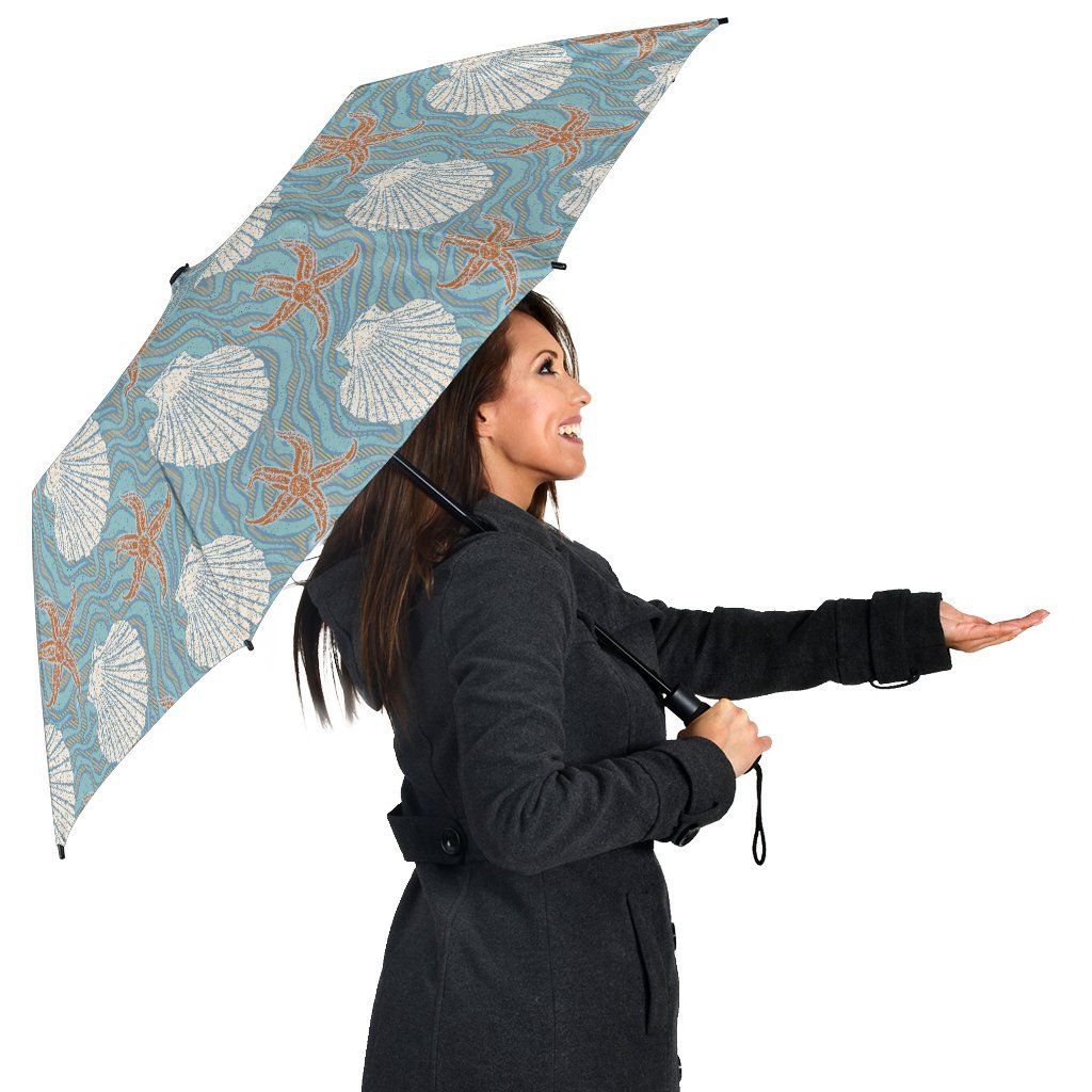 Starfish Shell Pattern Print Automatic Foldable Umbrella-grizzshop