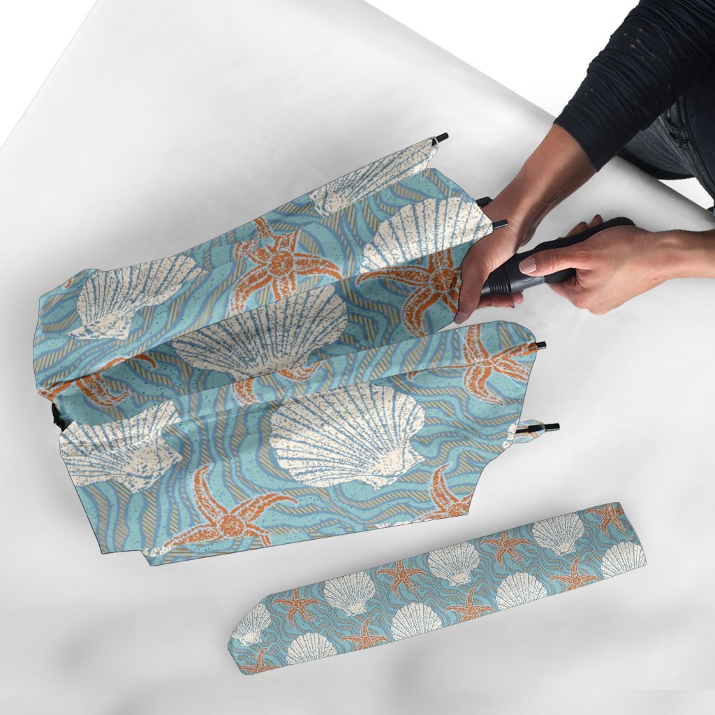 Starfish Shell Pattern Print Automatic Foldable Umbrella-grizzshop