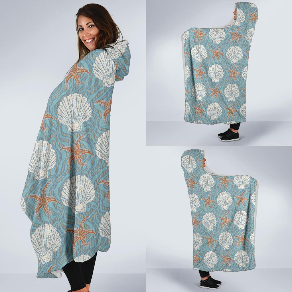 Starfish Shell Pattern Print Hooded Blanket-grizzshop