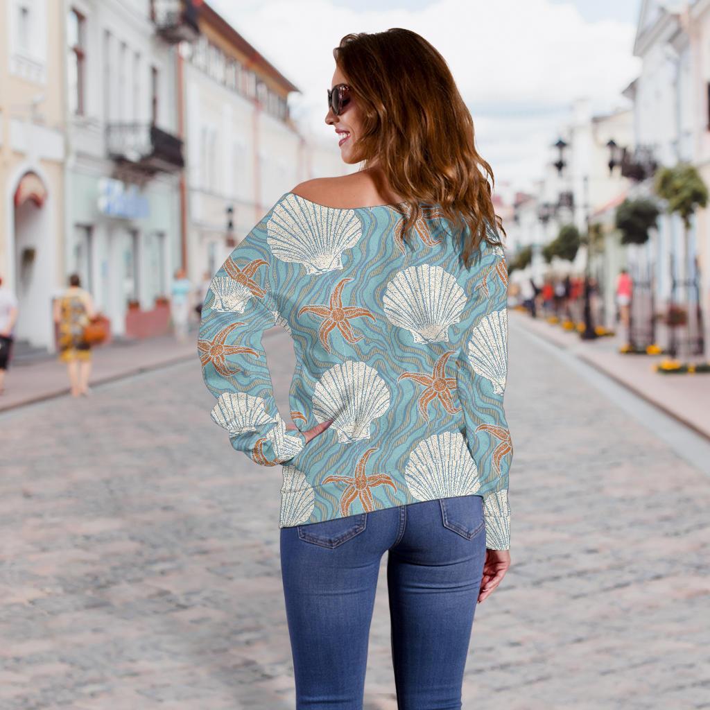 Starfish Shell Pattern Print Women Off Shoulder Sweatshirt-grizzshop