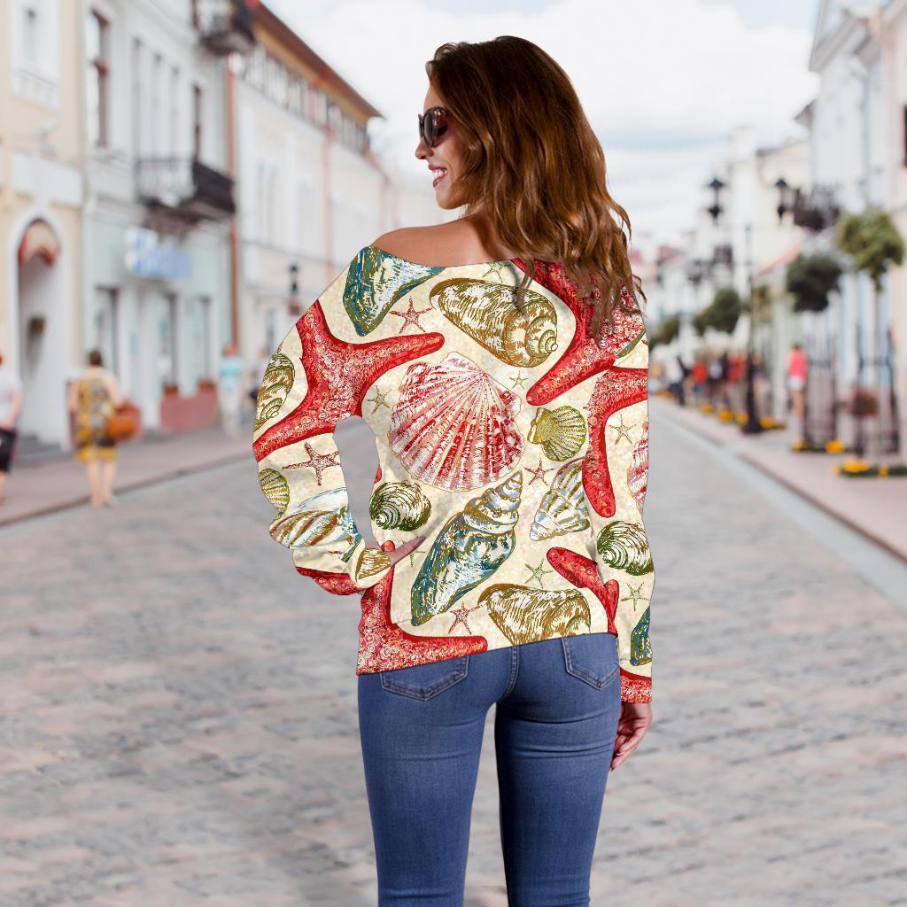 Starfish Shell Print Pattern Women Off Shoulder Sweatshirt-grizzshop