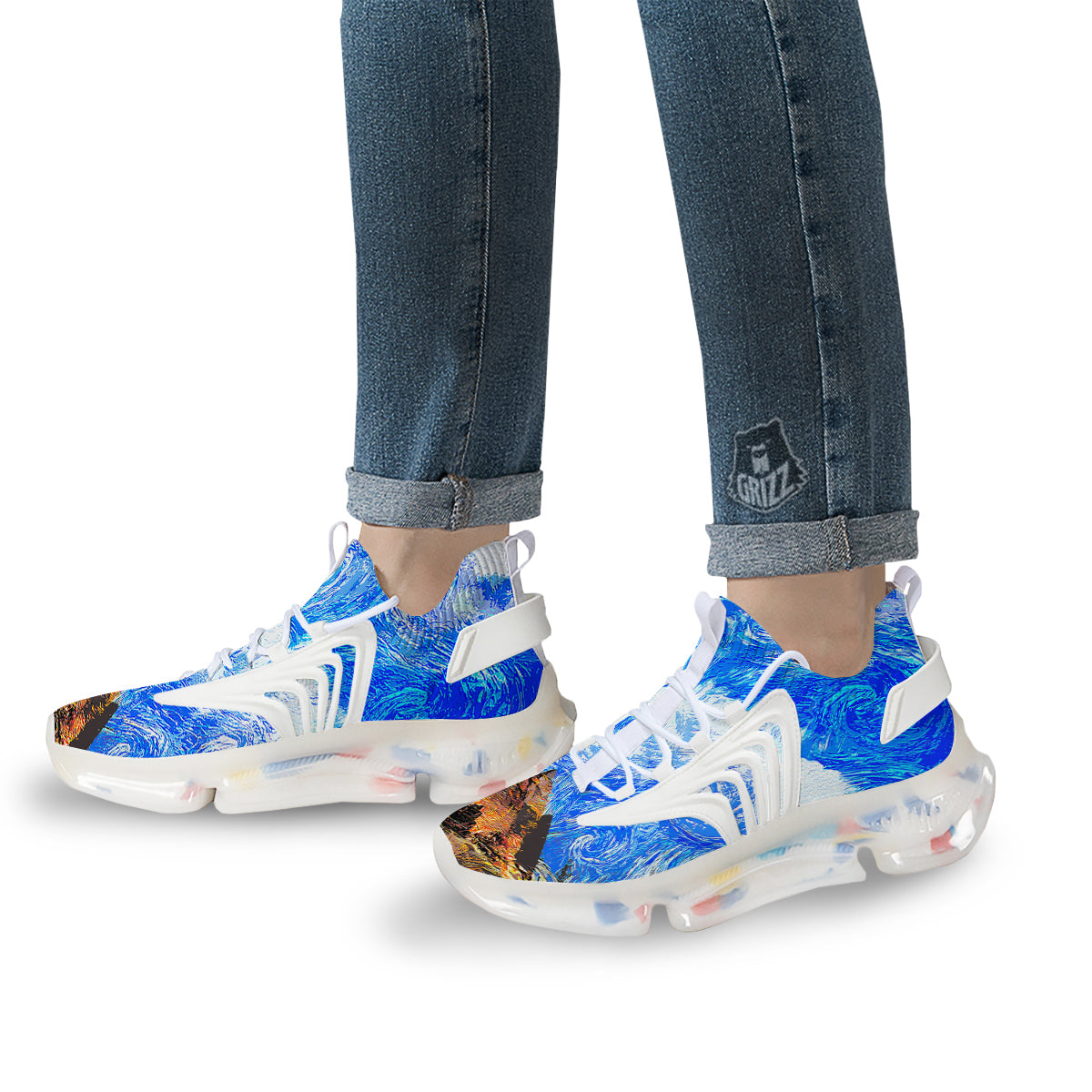 Starring Night Pyramids Print White Gym Shoes-grizzshop