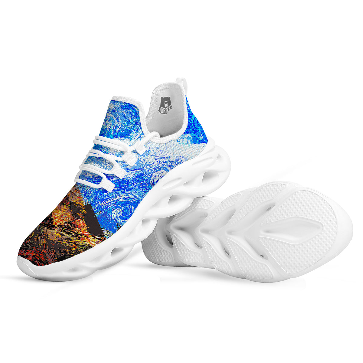 Starring Night Pyramids Print White Running Shoes-grizzshop
