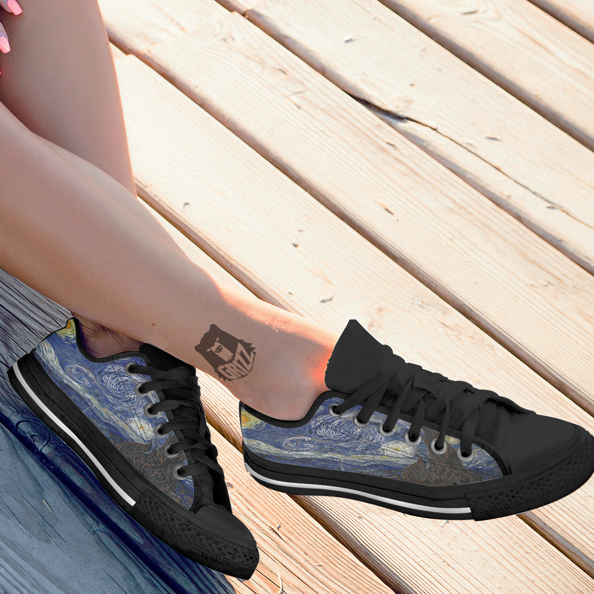 Starry Night Print Black Low Top Shoes-grizzshop