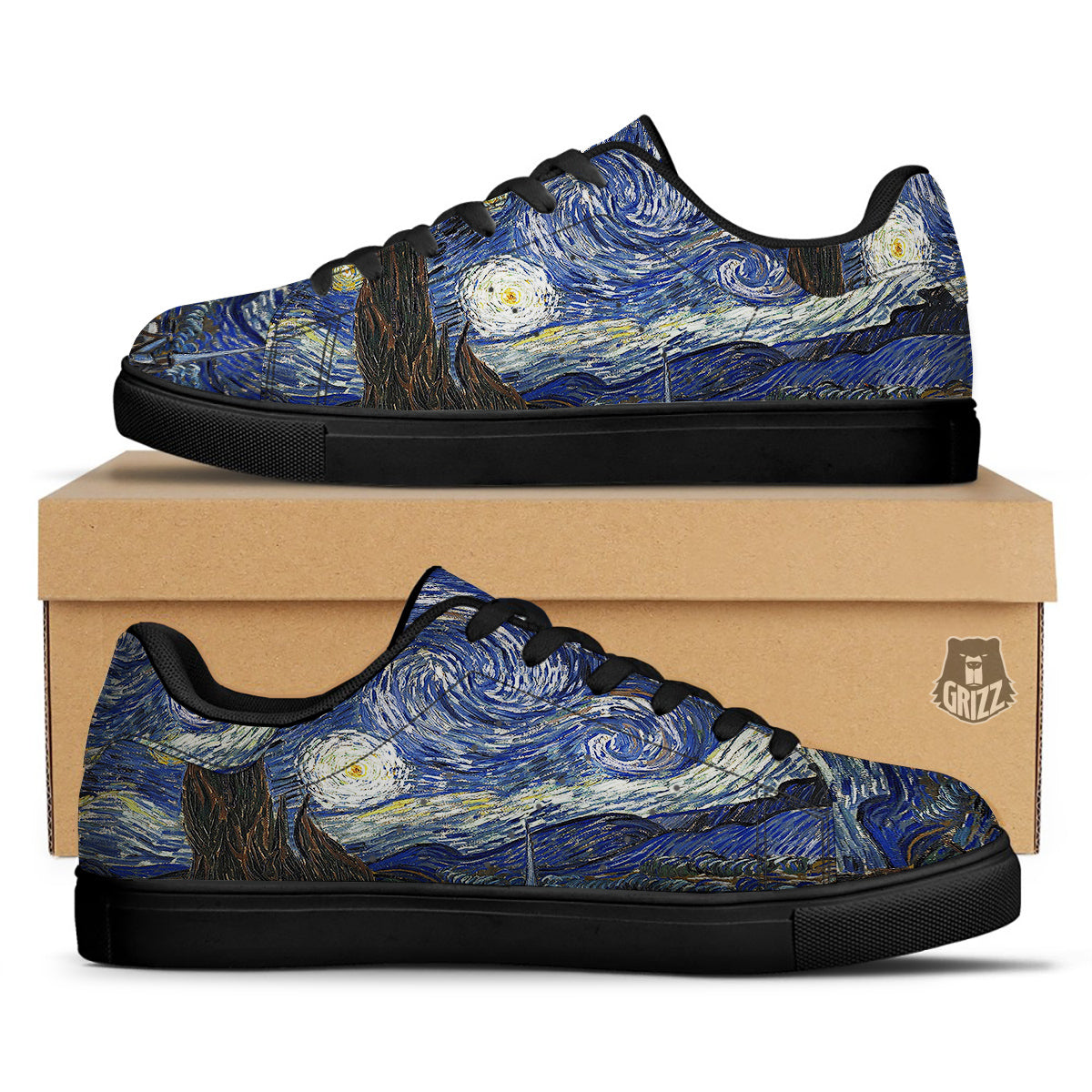 Starry Night Print Black Low Top Sneakers-grizzshop