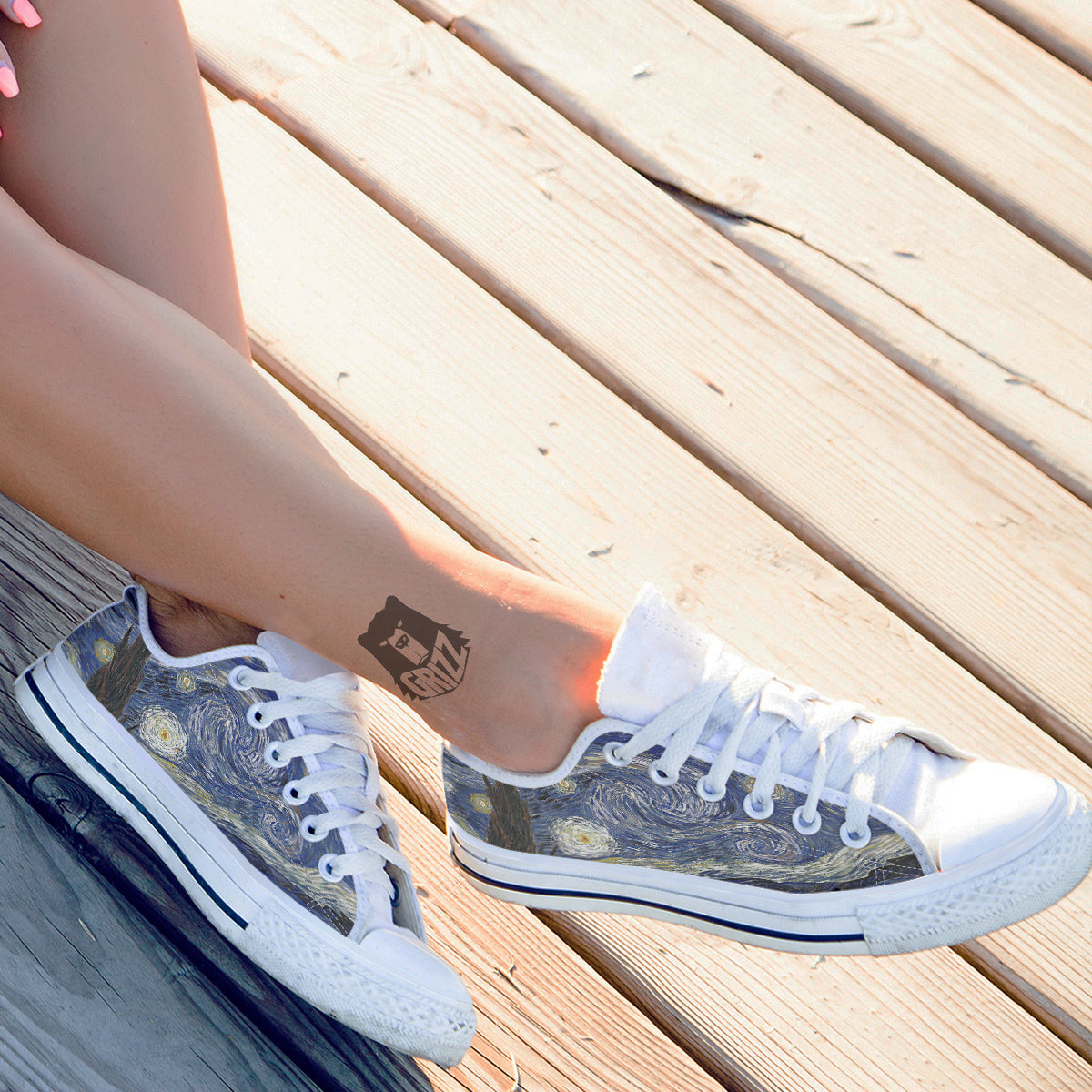 Starry Night Print White Low Top Shoes-grizzshop