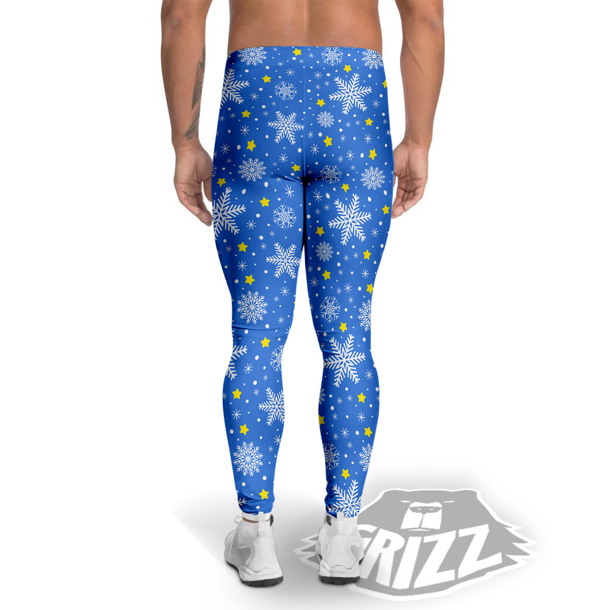 Stars And Christmas Snowflakes Print Men's Leggings-grizzshop