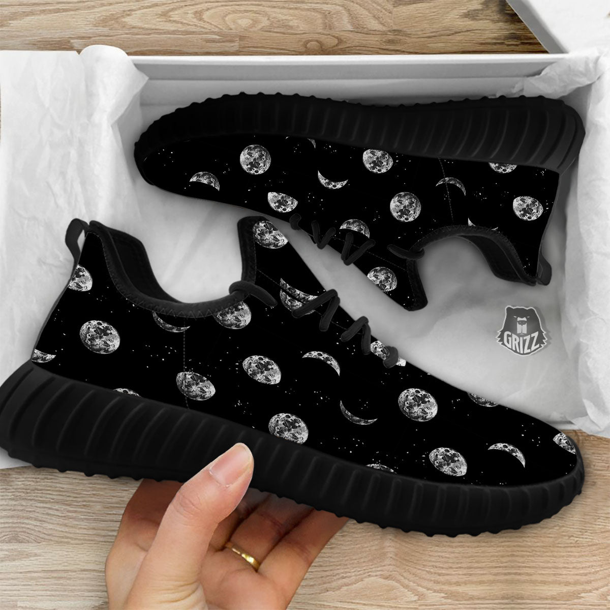 Stars And Moon Phase Print Pattern Black Walking Shoes-grizzshop