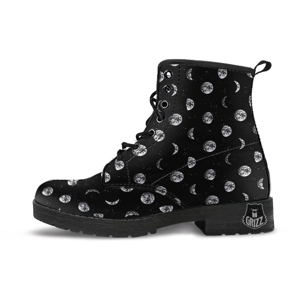 Stars And Moon Phase Print Pattern Leather Boots-grizzshop