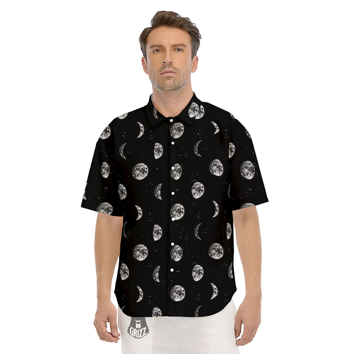 Stars And Moon Phase Print Pattern Men's Short Sleeve Shirts-grizzshop