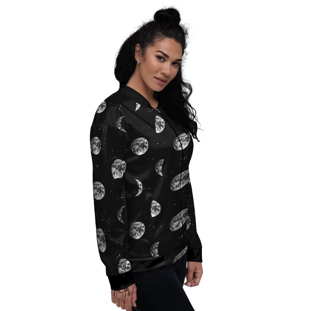 Stars And Moon Phase Print Pattern Women's Bomber Jacket-grizzshop