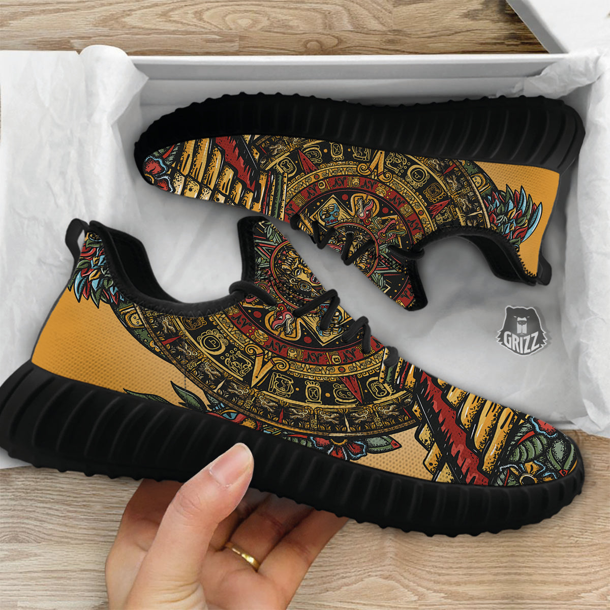 Statue Ancient Mayan Print Black Walking Shoes-grizzshop