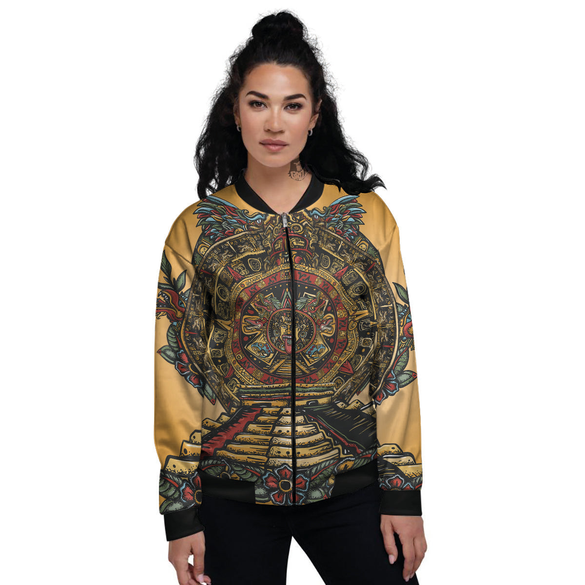 Statue Ancient Mayan Print Women's Bomber Jacket-grizzshop