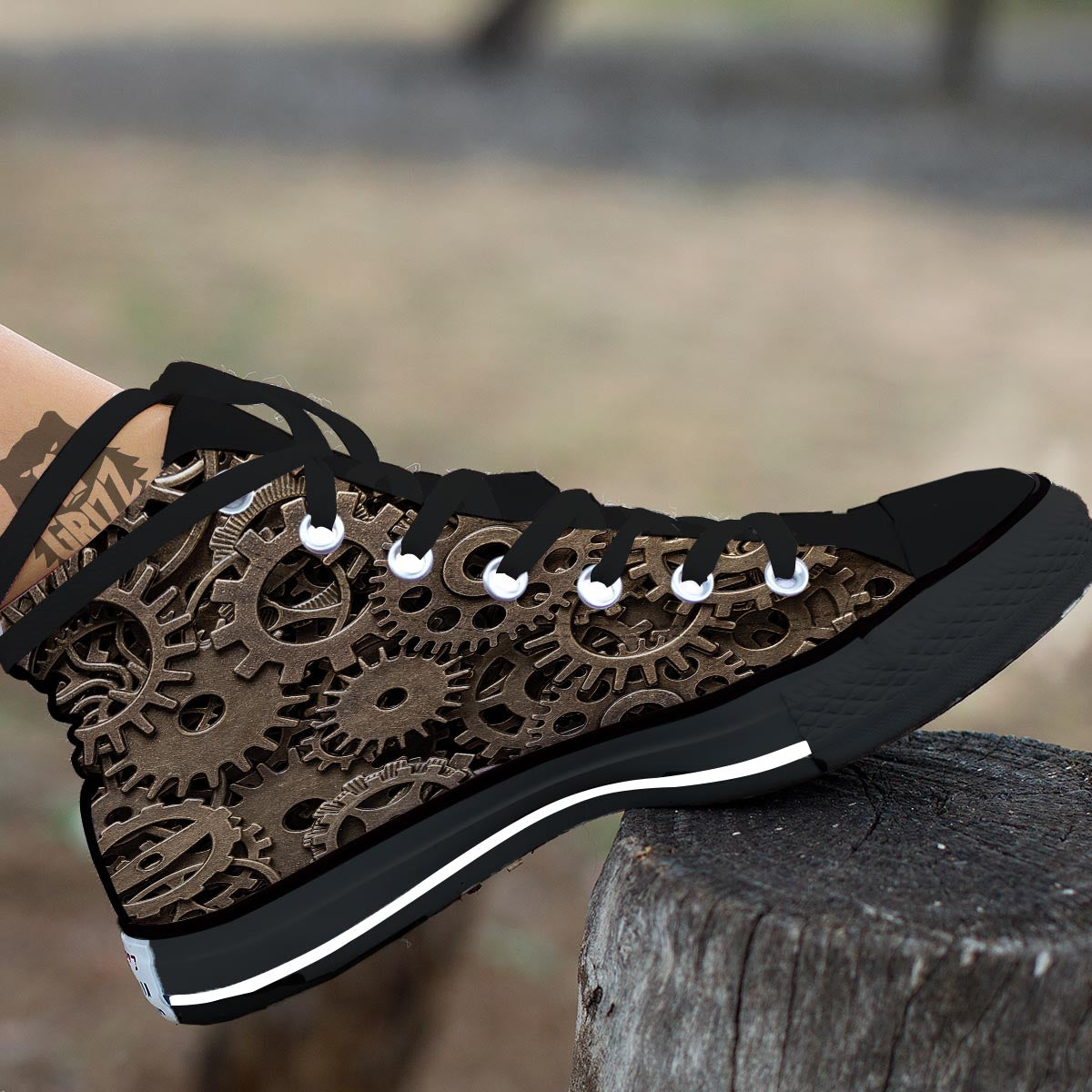 Steampunk Brass Gears And Cogs Print Black High Top Shoes-grizzshop