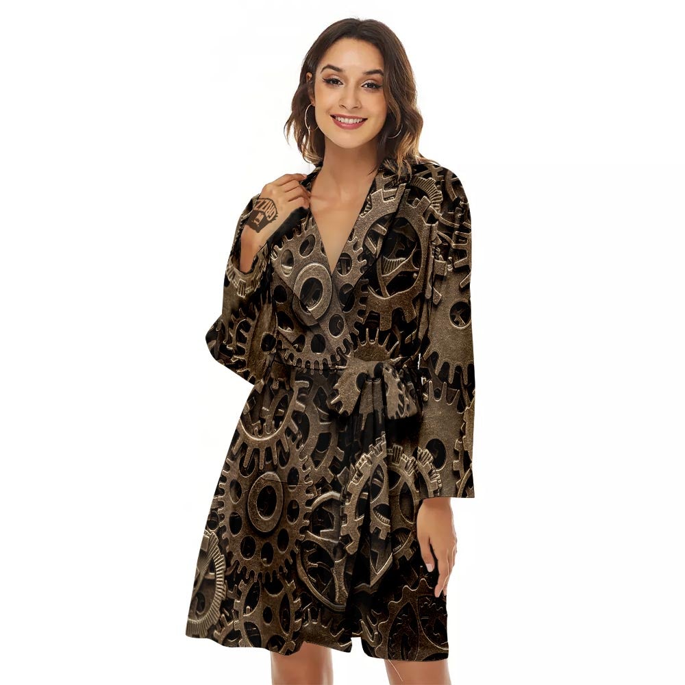 Steampunk Brass Gears And Cogs Print Women's Robe-grizzshop