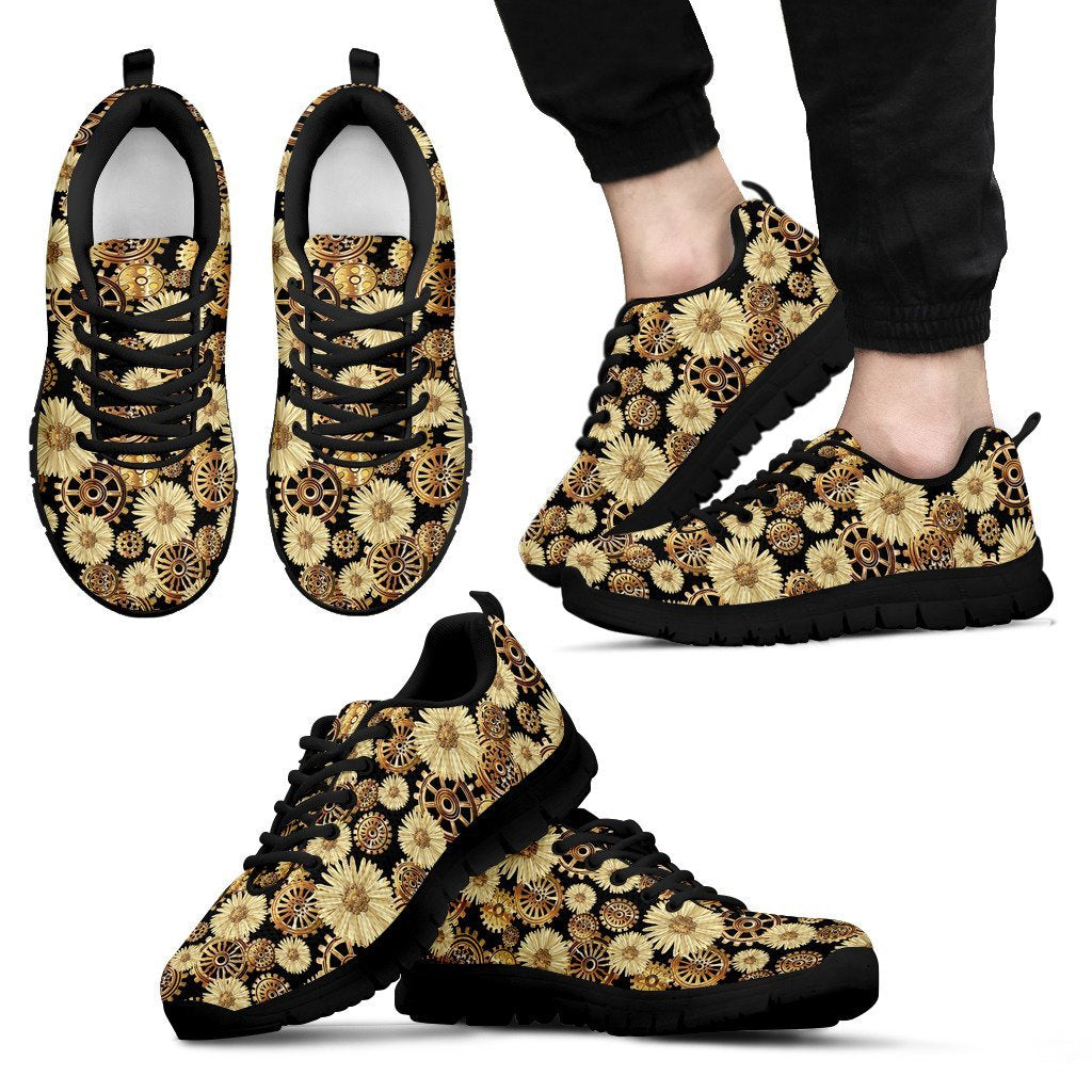 Steampunk Floral Pattern Print Black Sneaker Shoes For Men Women-grizzshop