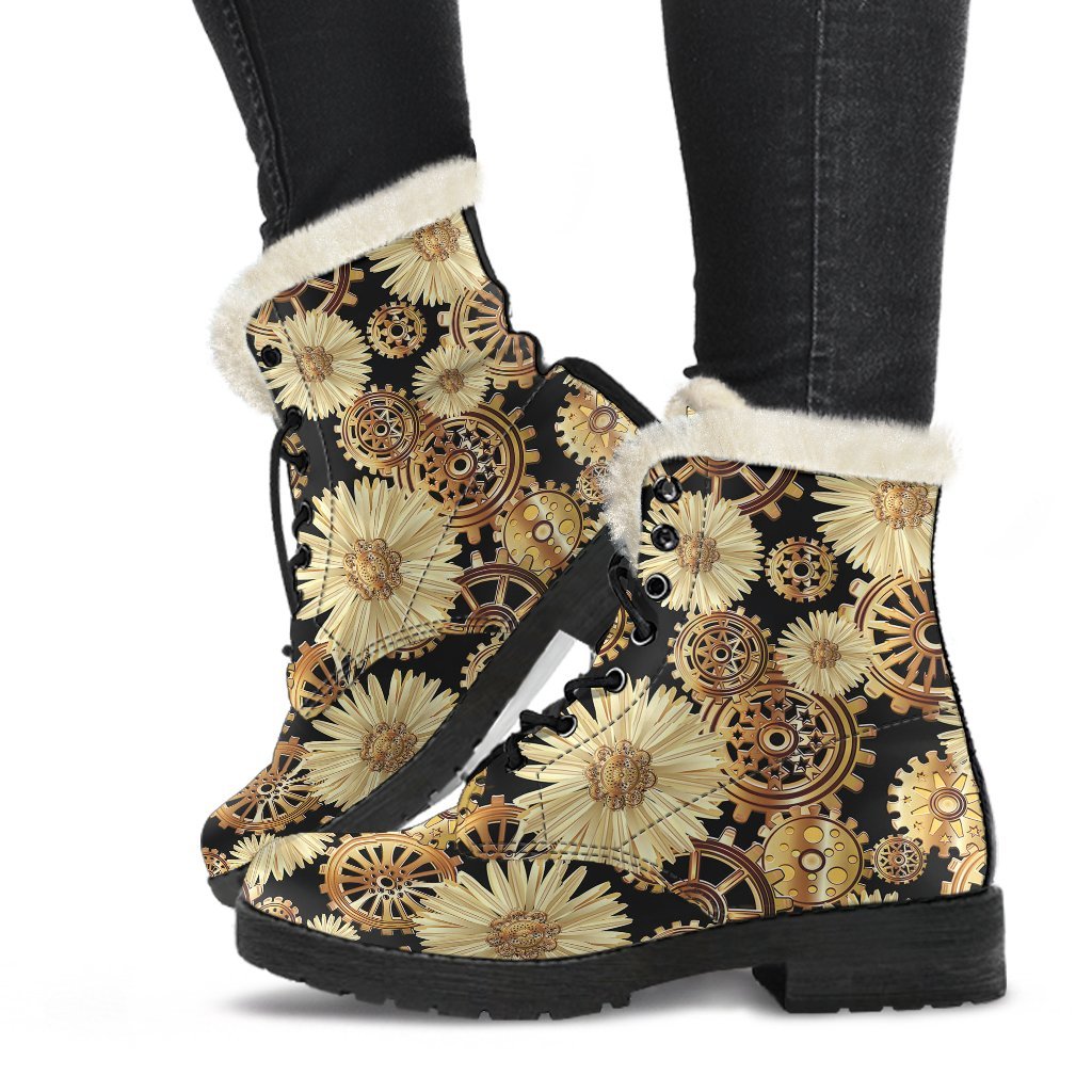 Steampunk Floral Pattern Print Comfy Winter Boots-grizzshop