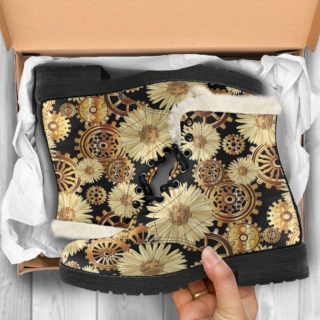 Steampunk Floral Pattern Print Comfy Winter Boots-grizzshop