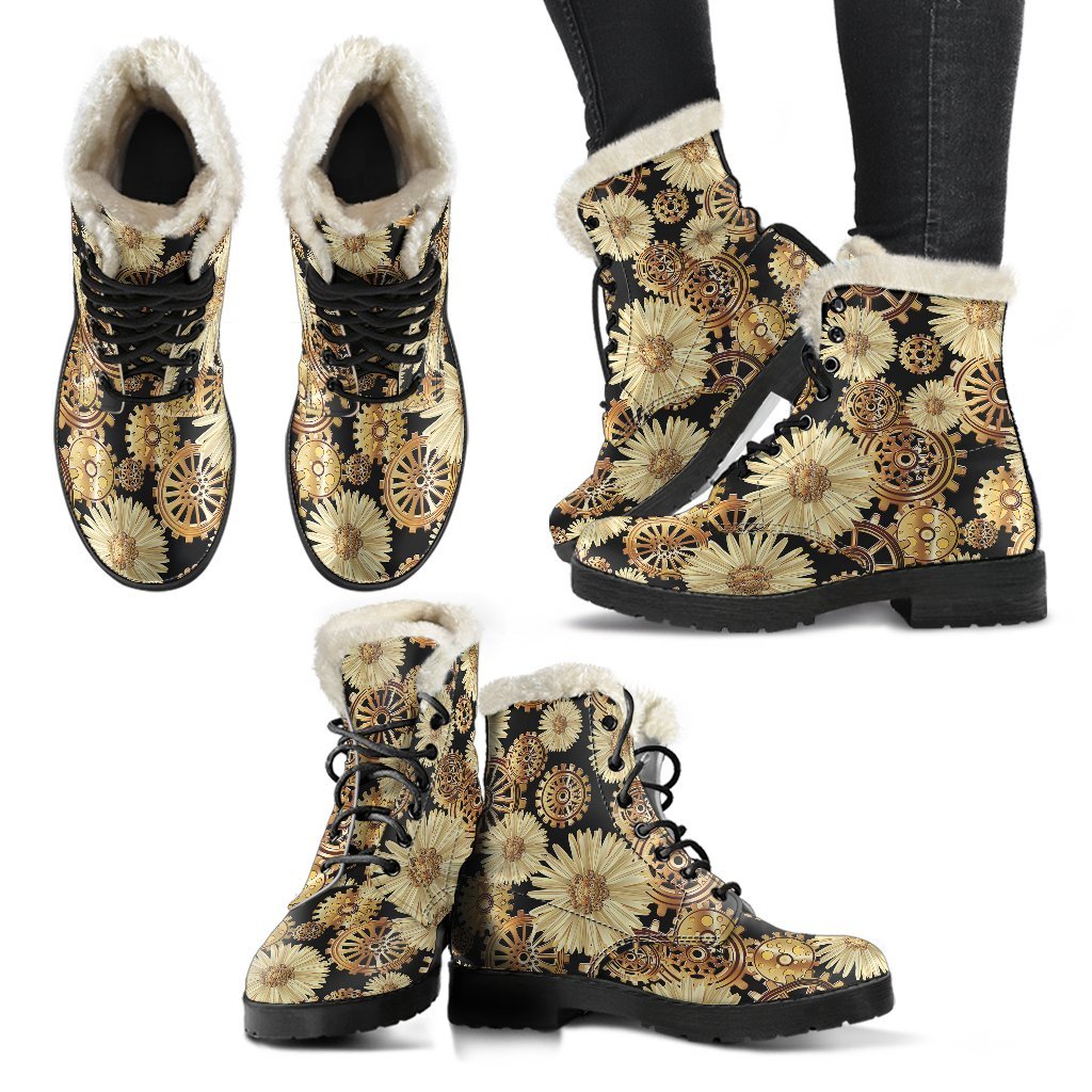 Steampunk Floral Pattern Print Comfy Winter Boots-grizzshop