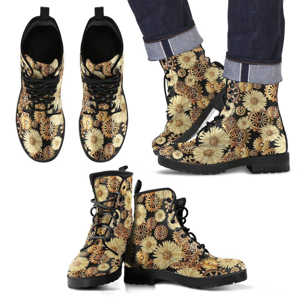 Steampunk Floral Pattern Print Men Women Leather Boots-grizzshop
