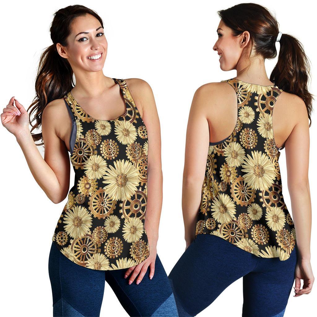 Steampunk Floral Pattern Print Women's Racerback Tank Tops-grizzshop